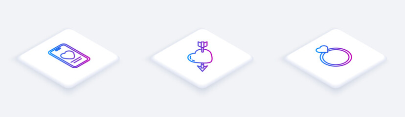Poster - Set Isometric line Online dating app and chat, Amour with heart arrow and Wedding rings. White square button. Vector