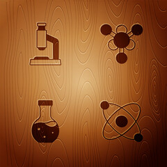 Poster - Set Atom, Microscope, Test tube and Molecule on wooden background. Vector