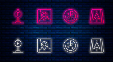 Poster - Set line Folded map with location marker, Radar targets monitor, Parking and City navigation. Glowing neon icon on brick wall. Vector