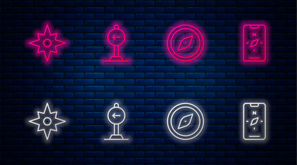 Poster - Set line Traffic sign turn left, Compass, Wind rose and on mobile. Glowing neon icon on brick wall. Vector