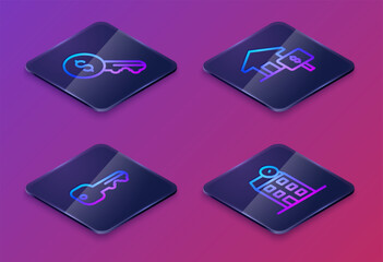 Poster - Set Isometric line Rent key, House, with dollar and . Blue square button. Vector