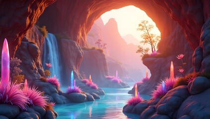 Wall Mural - A mystical landscape features a serene river flowing through a cavern adorned with luminous crystals and vibrant foliage. Sunlight filters through the cave opening, casting a warm glow over the scene 