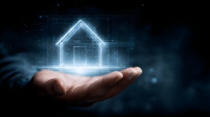 Poster - Holographic house blueprint expanding from hand gesture