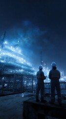 Poster - Engineers monitoring holographic interface above large refinery platform at night