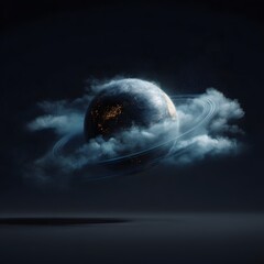 Poster - Spinning miniature Earth surrounded by digital clouds and data rings