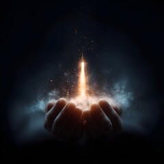 Poster - Hands holding a glowing digital rocket launching into the cosmos