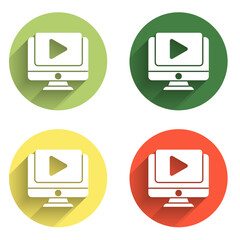 Poster - Set Online play video icon isolated with long shadow background. Computer monitor and film strip with play sign. Color circle button. Vector