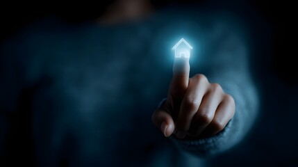 Poster - A person touching a transparent home symbol in mid air interface