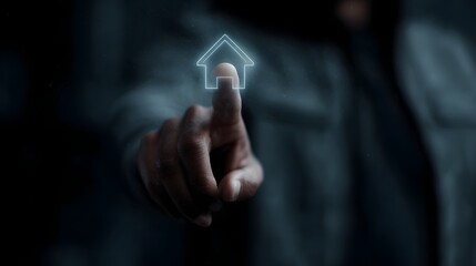 Poster - Touching a transparent home symbol in a futuristic digital interface