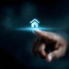 Poster - Finger tapping virtual home icon in floating holographic HUD