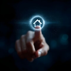 Poster - Finger tapping virtual home icon in floating holographic HUD