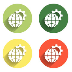Poster - Set Globe of the Earth and gear or cog icon isolated with long shadow background. Setting parameters. Global Options. Color circle button. Vector