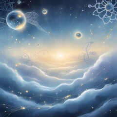 Wall Mural - Dreamlike clouds swirl around a glowing central light that seems to radiate divine energy, while celestial elements like DNA strands and molecules float serenely in the atmosphere. 