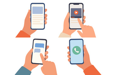 hands holding smartphone vector illustration set. people using mobile phone apps for different actio