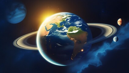 Wall Mural - earth in space with rings like saturn