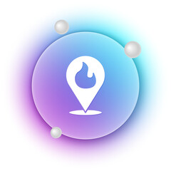 Poster - White Map pointer with fire flame icon isolated on white background. Fire nearby. Blue and purple gradient circle background. Vector