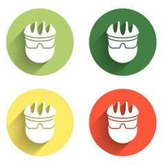 Poster - Set Bicycle helmet icon isolated with long shadow background. Extreme sport. Sport equipment. Color circle button. Vector