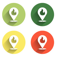 Poster - Set Map pointer with fire flame icon isolated with long shadow background. Fire nearby. Color circle button. Vector