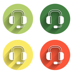 Poster - Set Headphones icon isolated with long shadow background. Support customer service, hotline, call center, faq, maintenance. Color circle button. Vector