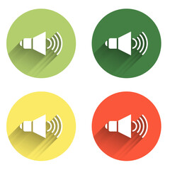 Poster - Set Speaker volume, audio voice sound symbol, media music icon isolated with long shadow background. Color circle button. Vector
