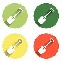 Poster - Set Shovel icon isolated with long shadow background. Gardening tool. Tool for horticulture, agriculture, farming. Color circle button. Vector