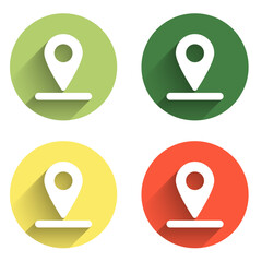 Poster - Set Map pin icon isolated with long shadow background. Navigation, pointer, location, map, gps, direction, place, compass, search concept. Color circle button. Vector
