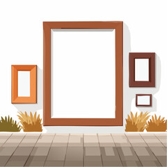 Poster - An illustration of a white wall with framed art pieces, grass, and a tiled floor in a minimalist design, creating an inviting and artistic space.