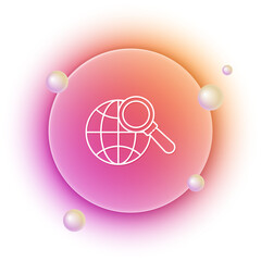 Poster - White Magnifying glass with globe icon isolated on white background. Analyzing the world. Global search sign. Orange and pink gradient circle background. Vector