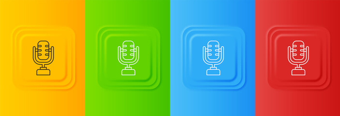 Poster - White Microphone icon isolated on colorful background. On air radio mic microphone. Speaker sign. Set icons in square buttons. Vector