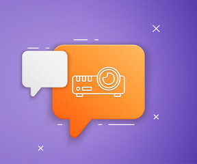 Fototapete - White Presentation, movie, film, media projector icon isolated on purple background. Orange speech bubble symbol. Vector