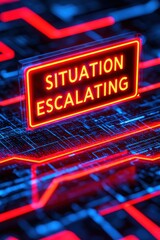 Poster - Global Tensions and Conflict Escalation with Emerging Threats Concepts. A glowing red neon sign displays 