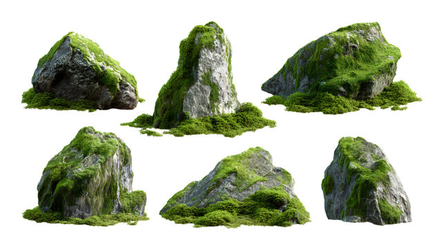 Collection of six rendered mossy rocks isolated on a white background perfect for adding natural elements to design projects