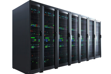 Poster - Server rack showcasing multiple servers with illuminated components isolated on a clear background