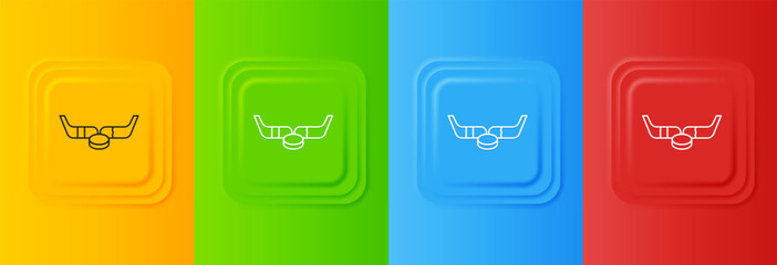 Poster - White Ice hockey sticks and puck icon isolated on colorful background. Game start. Set icons in square buttons. Vector