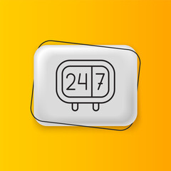 Poster - Black Clock 24 hours icon isolated on yellow background. All day cyclic icon. 24 hours service symbol. Silver rectangle button. Vector