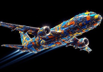 Poster - Vivid Flight: Abstract Airplane Design - A vibrant, abstract airplane design symbolizes speed, travel, innovation, freedom, and global connection.