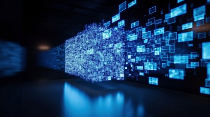 Poster - Neon glowing blocks of data in dark blue space image render 3d. Virtual data center. Information technology innovation background realistic graphic. Conceptual idea, visual storytelling