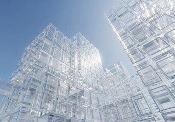 Poster - Crystal Cityscape: A Vision of Translucent Towers - Abstract symbolizing innovation, transparency, futuristic architecture, urban development, and technological advancement.