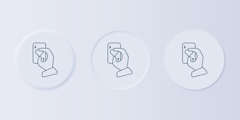 Poster - Grey Hand holding playing cards icon isolated on grey background. Casino game design. Set icons in square buttons. Vector