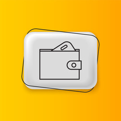 Poster - Black Wallet with stacks paper money cash icon isolated on yellow background. Purse icon. Cash savings symbol. Silver rectangle button. Vector