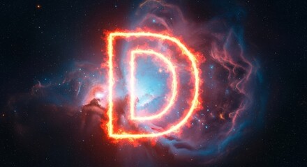 Poster - Fiery Letter D in Cosmic Nebula - A fiery letter D blazes brightly, set against a vibrant nebula. Symbolizing determination, dynamism, discovery, destiny, and dawn