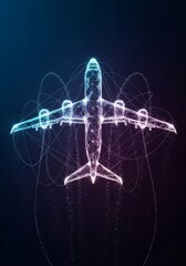 Poster - Glowing Lines Airplane Ascent - A futuristic airplane, depicted with glowing lines and particles, symbolizes travel, technology, innovation, speed, and freedom