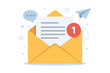 © Marie - One new email message notification concept. Open yellow envelope with letter and alert counter. Digital mailbox, inbox, newsletter, and online communication vector illustration.