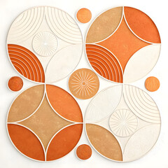 Fototapete - Abstract arrangement of textured circles in orange and cream shades over a clean white background, evoking modern design and minimalistic aesthetic