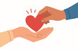 © Marie - Hand giving red heart to another. Charity and donation concept. Vector illustration of volunteering, kindness, love, and support. Multiracial hands showing compassion and hope.