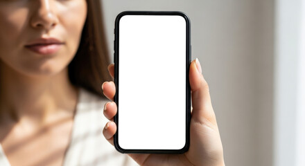 Woman hand holding smartphone with blank white screen for mockup. Mobile phone display for app or website presentation. Modern technology concept for business advertising.