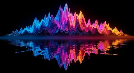 Poster - Neon Mountains Reflecting in Water - Vibrant neon mountainscape reflected in still water, creating a surreal and colorful scene. Ideal for technology, music, and abstract designs