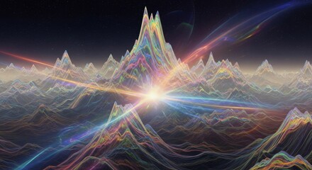 Poster - Rainbow Mountainscape at Sunrise - A vibrant, surreal landscape of rainbow-hued mountains bathed in the golden light of sunrise. A stunning art piece