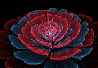 Poster - Red Blue Fractal Flower Bloom - Close-up view of a vibrant fractal flower with red and blue petals, set against a black background