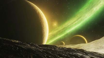 Poster - A beautiful aurora borealis on an alien planet, with the planet’s moons visible in the background and distant galaxies glowing faintly.